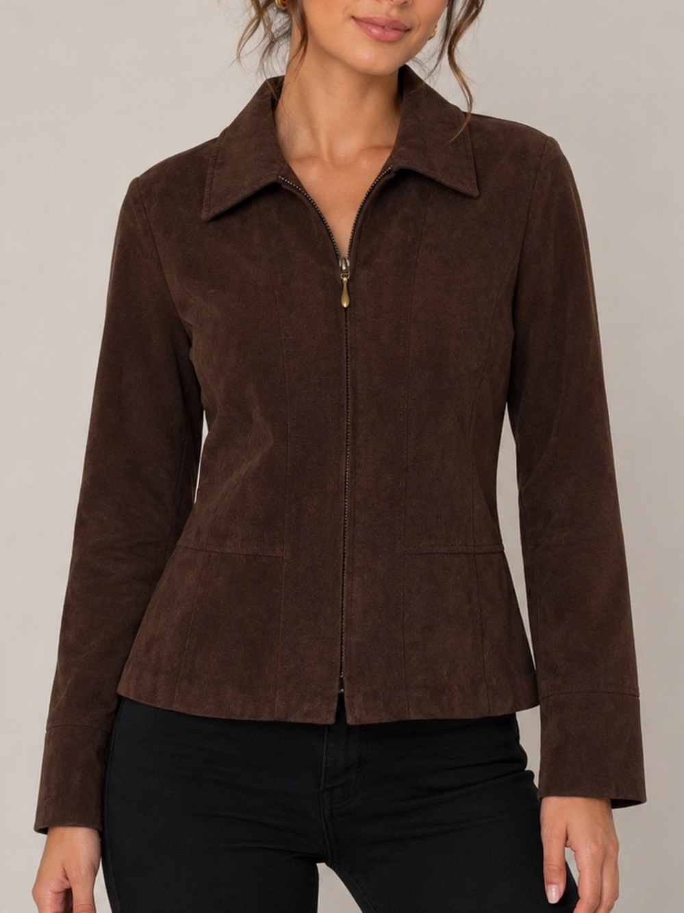 Soft Works Petites Faux Suede Zip Front Jacket Brown Petite 6P